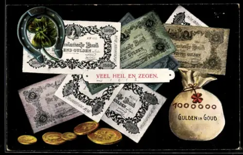 AK Niederlande, Geldscheine- und Münzen mit Hufeisen, Segenswunsch