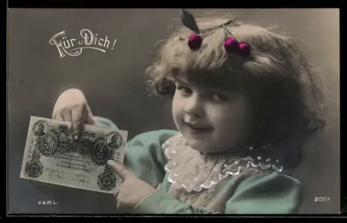 AK Kleines Mädchen zeigt auf Geldschein