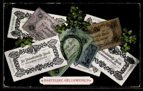 AK Hufeisen mit Geldscheinen und Kleeblättern, Glückwunsch