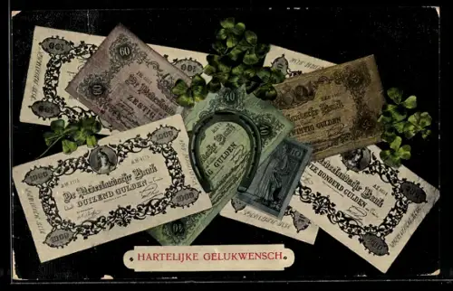AK Niederländische Banknoten, Kleeblätter und Hufeisen, Geld
