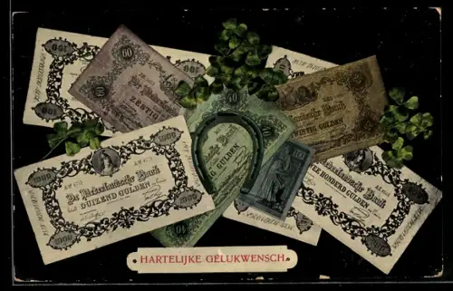 AK Niederländische Banknoten, Kleeblätter und Hufeisen, Geld