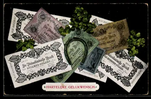 AK Hufeisen mit Geldscheinen und Kleeblättern, Glückwunsch