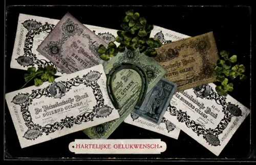 AK Hufeisen mit Geldscheinen und Kleeblättern, Glückwunsch