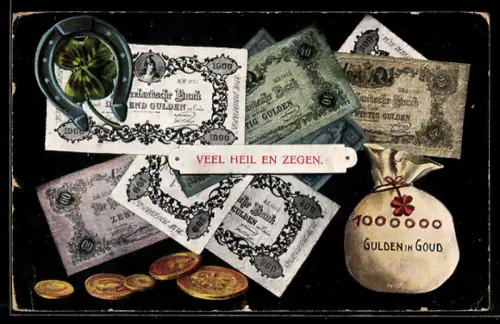 AK Geldscheine-, Münzen, Geldsack und Kleeblätter, Segenswunsch