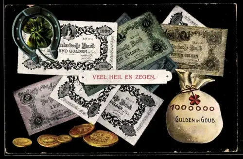 AK Geldscheine und Münzen, Hufeisen und Kleeblatt, Geldsack mit 1.000.000 Gulden in Gold