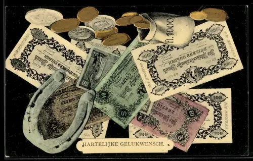 AK Geldscheine- und Münzen mit Hufeisen, Glückwunsch