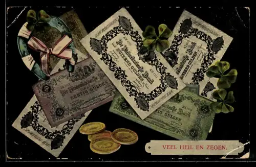 AK Geldscheine-, Münzen, Hufeisen und Kleeblätter, Segenswunsch