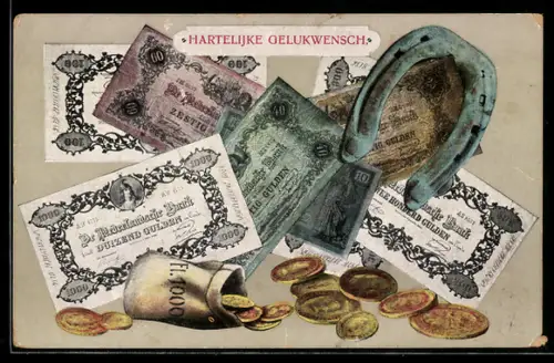 AK Niederländische Banknoten, Hufeisen, Geldsack mit Münzen
