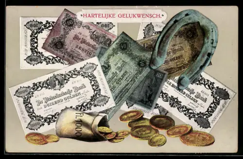 AK Niederländische Banknoten, Hufeisen, Geldsack mit Münzen