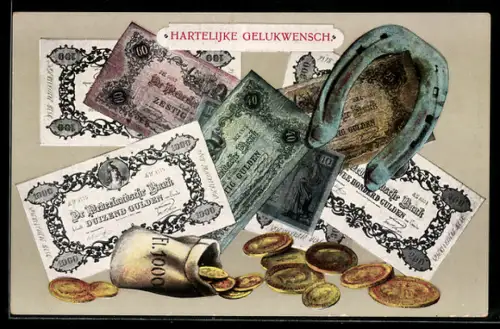 AK Niederländische Banknoten, Hufeisen, Geldsack mit Münzen