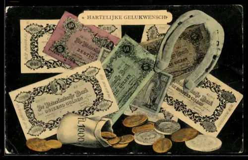 AK Geldscheine- und Münzen mit Hufeisen, Glückwunsch