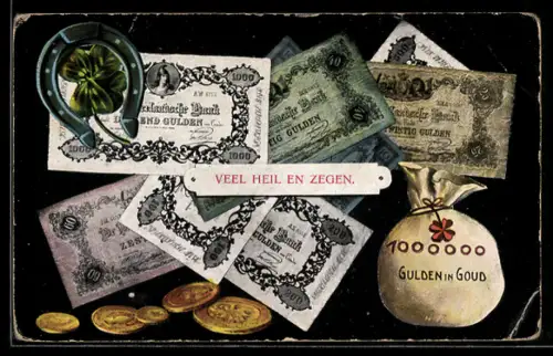 AK Geldscheine- und Münzen mit Hufeisen, Segenswunsch