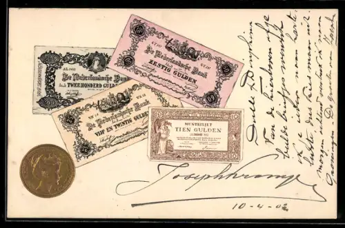 AK Niederländisches Geld: Gulden mit Goldmünze