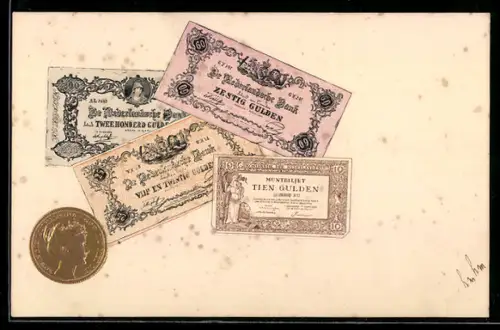 AK Niederländisches Geld: Gulden mit Goldmünze