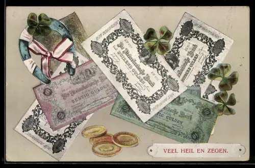 AK Niederländische Banknoten und Münzen, Kleeblatt mit Hufeisen