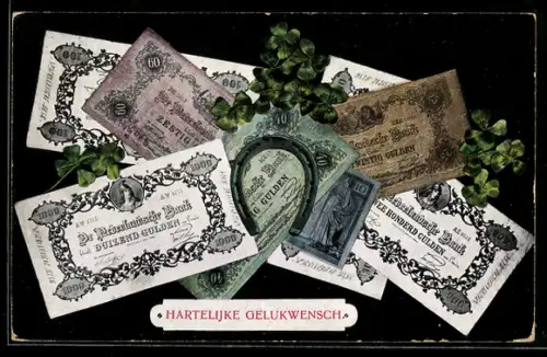 AK Geldscheine mit Hufeisen und Kleeblättern, Glückwunsch