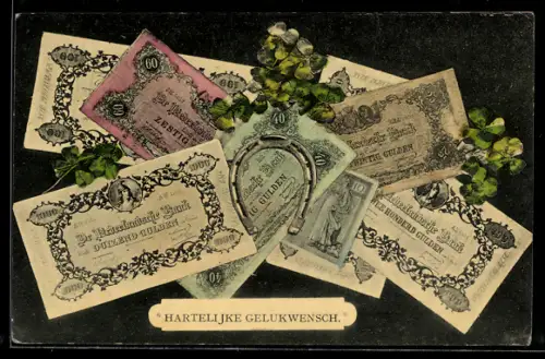 AK Geldscheine mit Hufeisen und Kleeblättern, Glückwunsch