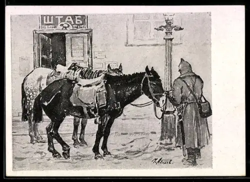 AK Rotarmist mit seinem Pferd vor dem Stab seiner Einheit