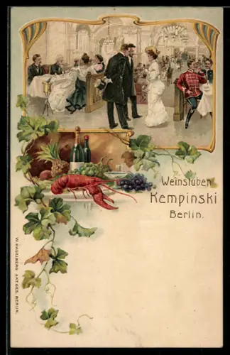 Lithographie Berlin, Gäste im Weinhaus Kempinski, Hummer und Weintrauben