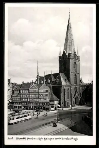 AK Kiel, Markt, Persianische Häuser u. Nicolaikirche mit Strassenbahn