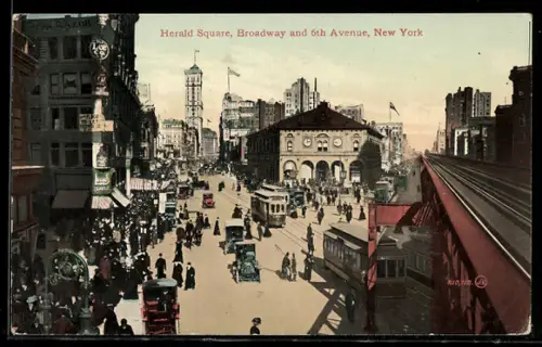 AK New York, Herald Square, Broadway and 6th Avenue, Bahnhof und Strassenbahn