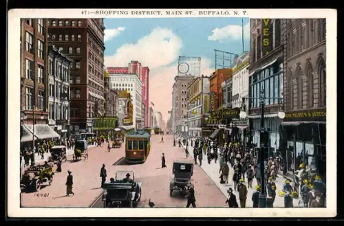 AK Buffalo, N. Y., Shopping District, Main Street, Strassenbahn