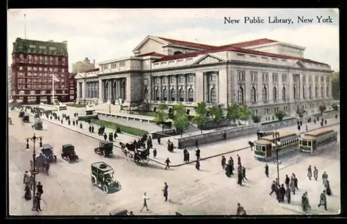 AK New York, NY, New Public Library, Strassenbahn