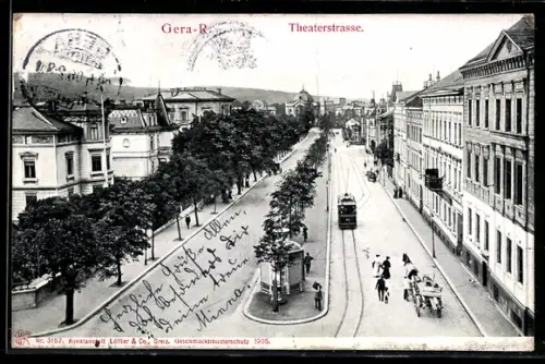 AK Gera, Bahnhofstrasse mit Strassenbahn