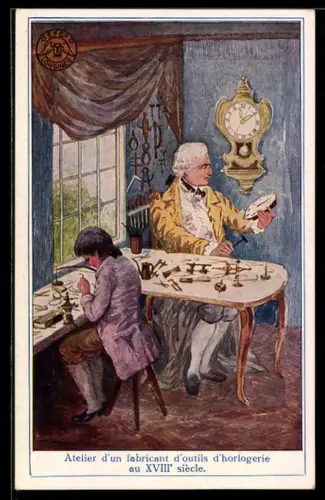 AK Longines, Atelier d`un fabricant d`outils d`horlogerie au XVIIIe siècle, Reklame für Longines Uhr