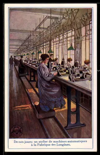 AK Reklame für die Uhrenmarke Longines, Blick in einen modernen Maschinensaal der Fabrik Longines