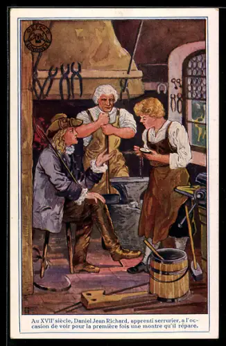 AK Reklame für die Uhrenmarke Longines, Schlosserlehrling Daniel J. Richard soll eine Uhr reparieren