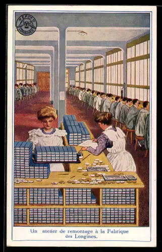 AK Reklame für die Uhrenmarke Longines, Remonteur-Werkstatt in der Fabrik Longines