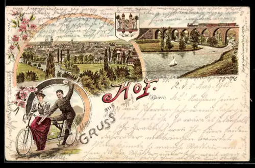 Lithographie Hof i. Bayern, Gesamtansicht, Eisenbahnviadukt, Radfahrer, Stadtwappen