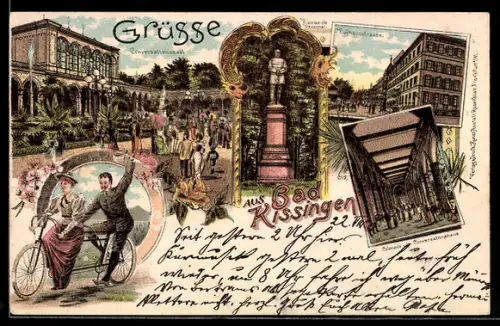 Lithographie Bad Kissingen, Conversationssaal, Fahrradfahrer, Bismarck-Denkmal, Colonnade im Conversationshaus