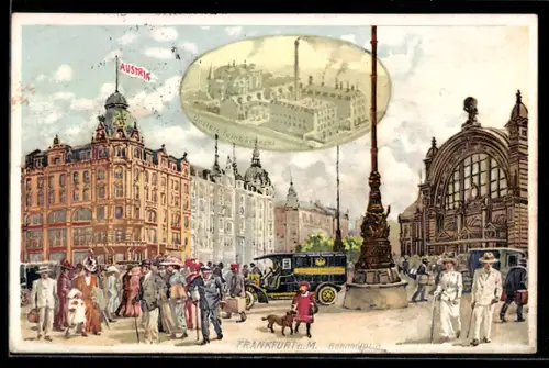Lithographie Frankfurt a. M., Bahnhofplatz mit Hauptbahnhof, Oesterr. Feinbäckerei