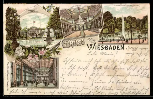 Lithographie Wiesbaden, Kurhaus, Kursaal, Kochbrunnen