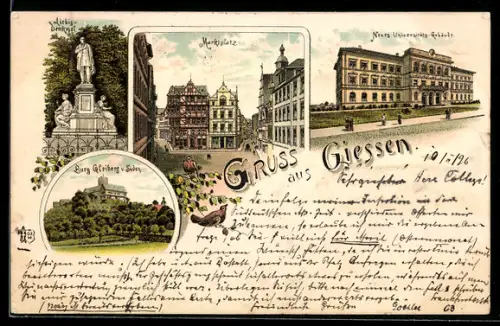 Lithographie Giessen, Liebig-Denkmal, Marktplatz, Neues Universitäts-Gebäude