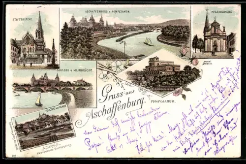 Lithographie Aschaffenburg, Schloss, Mainbrücke, Pompejanum