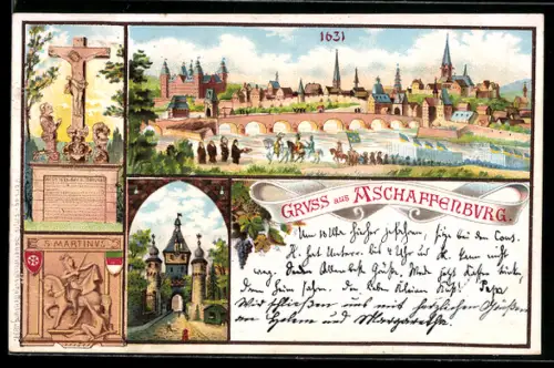 Lithographie Aschaffenburg, Stadtansicht mit Mainbrücke, Stadttor, S. Martinus-Relief