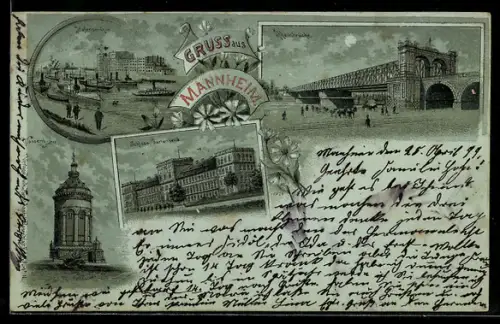 Mondschein-Lithographie Mannheim, Rheinbrücke, Wasserturm, Hafenpartie
