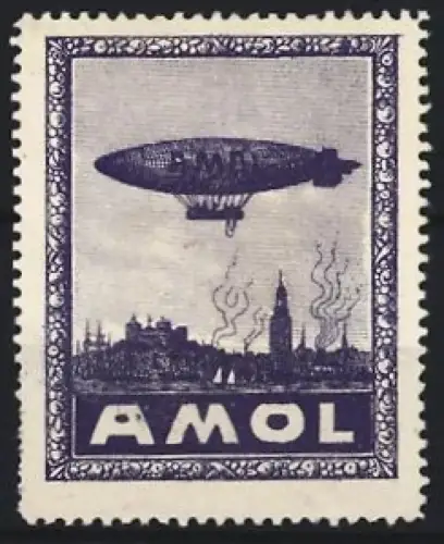 Reklamemarke Amol, Kräftigungspräparat, Zeppelinfahrt über Ortsansicht, Luftschiff und Skyline
