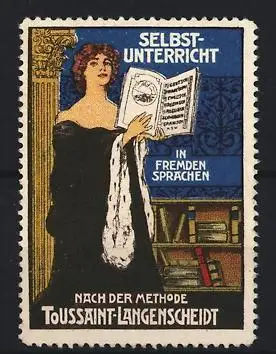 Reklamemarke Langenscheidt, Lehrbuch für Selbstunterreicht in fremden Sprachen, Toussaint-Methode, Buch und Bücherregal