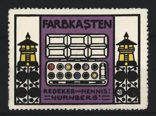 Reklamemarke Nürnberg, Redeker und Hennis, Farbkasten, Farbpalette und Türme