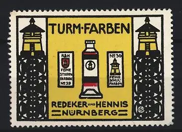 Reklamemarke Nürnberg, Redeker und Hennis, Turm-Farben, Farbtube und Türme