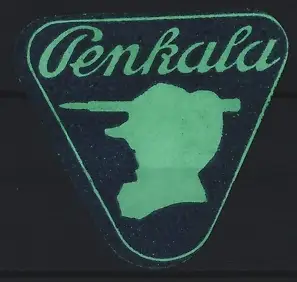 Reklamemarke Penkala, Schreibutensilien, Silhouette mit Füllfederhalter, grün