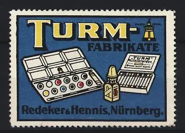 Reklamemarke Nürnberg, Redeker & Hennis, Farben und Kreide, Turm-Symbol