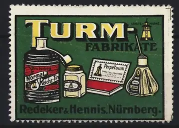 Reklamemarke Nürnberg, Redeker & Hennis, Tintenfabrik, Tinte und Stempelkissen, Flasche und Produkte