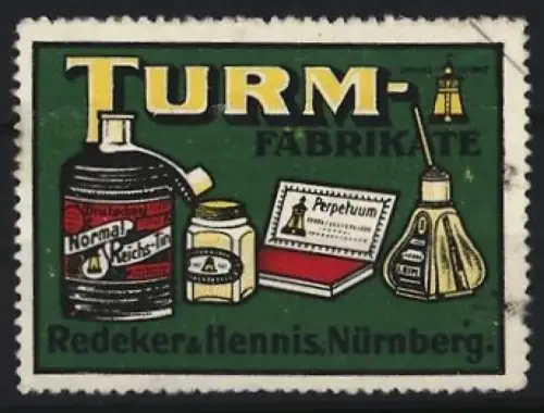 Reklamemarke Nürnberg, Redeker & Hennis, Tinte und Stempelkissen, Turm-Logo