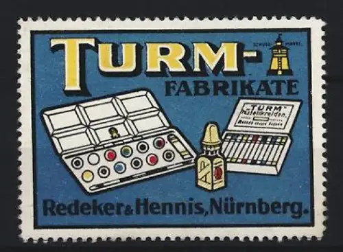Reklamemarke Nürnberg, Redeker & Hennis, Farben und Kreide, Turm und Produkte