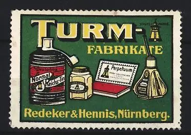 Reklamemarke Nürnberg, Redeker & Hennis, Tinte und Stempelkissen, Turm-Fabrikate, verschiedene Produkte